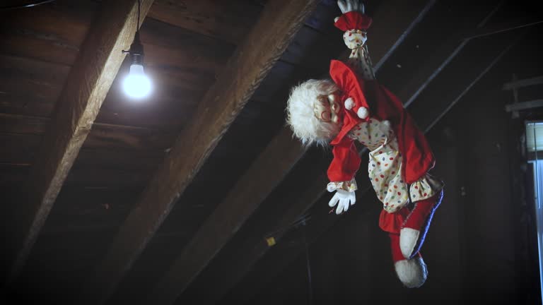 Evil Toy Clown Hanging from Attic Ceiling