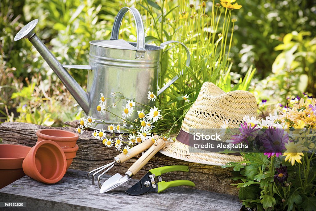 Gardening Gardening tools and a straw hat on the grass in the garden Agriculture Stock Photo