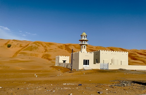 Arab mosque in the middle of the desert, wahiba sands, Oman