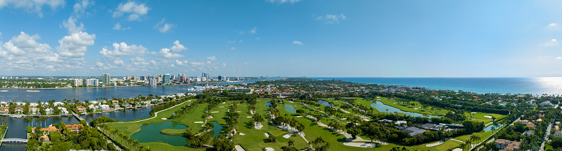 Palm Beach, FL, USA - May 11, 2023: Aerial drone photo of the Everglades Golf Club and Resort
