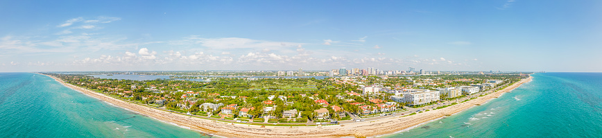 Aerial panorama of luxury mansion homes in Palm Beach FL circa 2023