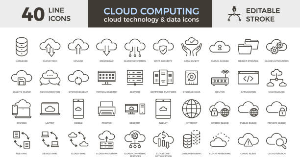 bildbanksillustrationer, clip art samt tecknat material och ikoner med 40 vector thin line icons related with cloud computing, technology, infrastructure and data. editable stroke - nätserver