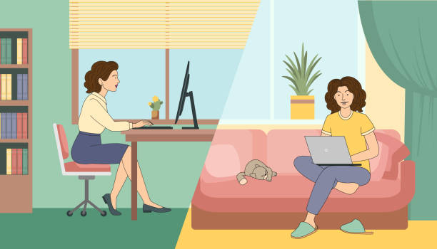 Business woman at hybrid job sitting at table between office and home cozy environment, vector illustration in flat cartoon style Business woman at hybrid job sitting at table between office and home cozy environment, vector illustration in flat cartoon style. working at home study desk silhouette stock illustrations