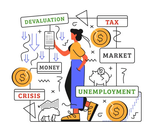 Vector illustration of illustration, economic crisis, profit and loss, unemployment and finance. Food crisis, oil crisis, energy crisis, unemployment.