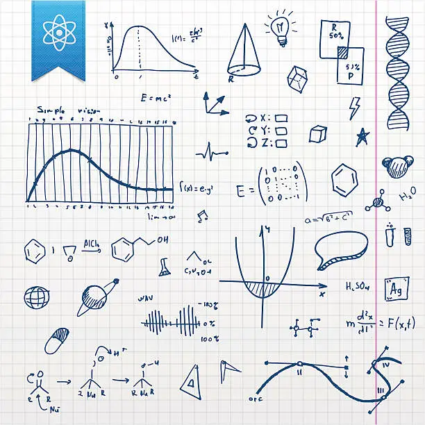 Vector illustration of Graphing paper with several scientific doodles