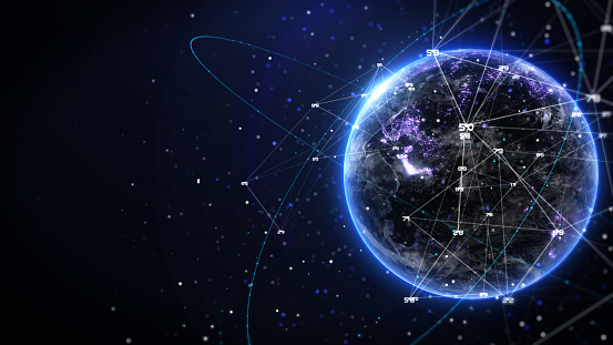 Abstract digital realistic of 3d rendering earth with data low poly number, flare ring, futuristic line illustration background. Concept of global business and technology.