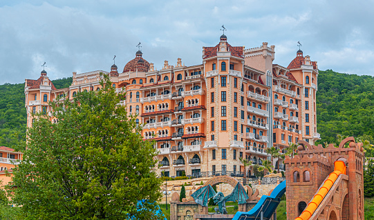 Elenite, Bulgaria - May 2, 2016: Royal Castle Hotel, the first 5 star superior luxury hotel on the Black Sea Coast in Elenite, Bulgaria.