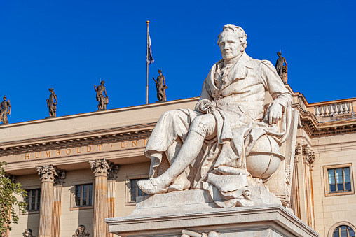 Berlin, Germany - September 21, 2015: Statue of historic figure Alexander von Humboldt located in the city of Berlin, Germany.