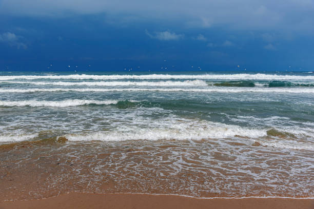 曇りの日に風によって分散した海の波。 - hurricane storm wind disaster ストックフォトと画像