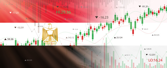 Creative (Egypt) flag banner with stock exchange market, Graph chart of stock market investment world trading, 3D illustration.
