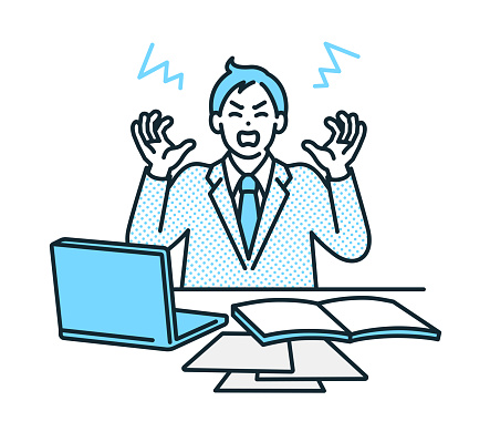Clip art of man going crazy with dizzying busyness. Illustration of a businessperson who is stressed out at work.