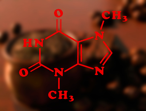 Graphic representation of the chemical formula of the theobromine molecule with a blurred background of cocoa beans and powder and dark chocolate. Nutrition and science. Natural sources of theobromine. 3d rendering