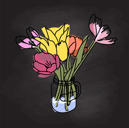 Spring tulips in a mason jar vase bring the brightness of the sun wherever they are placed. This fun a delightful set of blooms will chase any clouds away. Hand drawn vector illustration.
