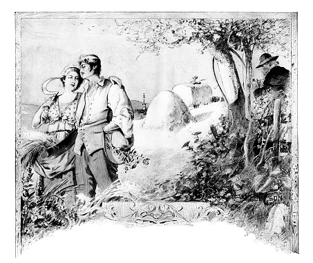 A man and woman harvest hay on their farm together. Copy space. Illustration published 1897. Original edition is from my own archives. Copyright has expired and is in Public Domain.