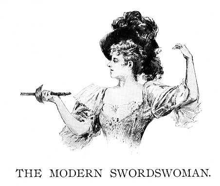 One woman fencing with a sword. Engravings published in 1897. Original edition is from my own archives. Copyright has expired and is in Public Domain.