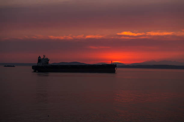 Sunset over Elliott bay from the bolt creek fire with a large shipping tanker.