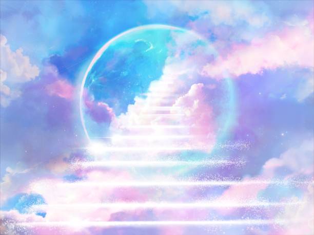 ilustraciones, imágenes clip art, dibujos animados e iconos de stock de escaleras hacia el cielo y la gran luna azul en el paisaje de nubes - escalera hacia el cielo