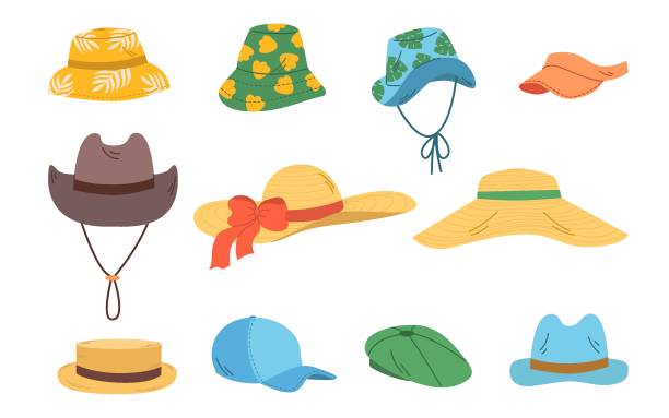 set summer hats Set female and male summer hats. Panamas, caps, baseball hat, cowboy hat, straw hats. Stylish modern design. Flat hand drawn colorful vector illustration isolated on white background. hat stock illustrations