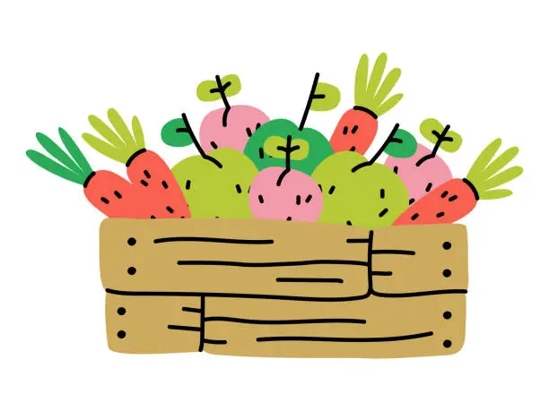 Vector illustration of Wooden box with fresh vegetables and fruits. Hand drawn flat vector illustration.