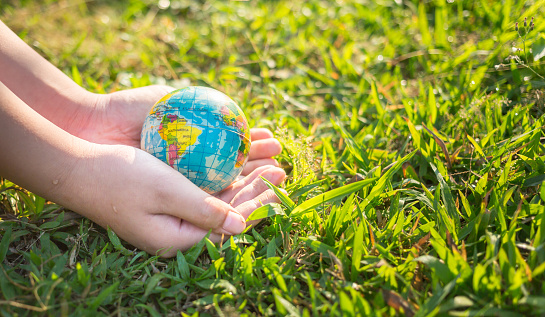 Earth Day or World Environment Day concept. Save our Planet and forest, Globe in hand on green grass