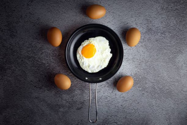 istock Top view of Breakfast menu fried eggs in an iron pan and raw chicken eggs. 1489579447