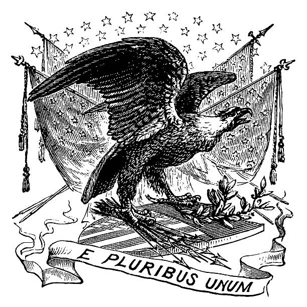 US Patriotic Vignette Old engraving of the American eagle and flags. Published by Benson J. Lossing in An Outline History of the United States (New York, Sheldon & Company, 1878). us constitution stock illustrations