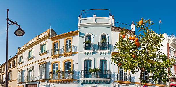 Brightly colored fruit blossoming on the leafy green trees lining this tranquil avenue of colorful villas, townhouses and shops in the traditional Triana district of Seville, Andalusia, Spain. ProPhoto RGB profile for maximum color fidelity and gamut.