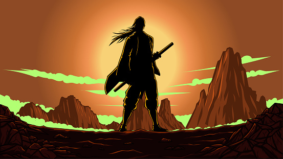 An anime style vector illustration of a samurai in silhouette with mountain range landscape in the background. Wide space available for your copy.