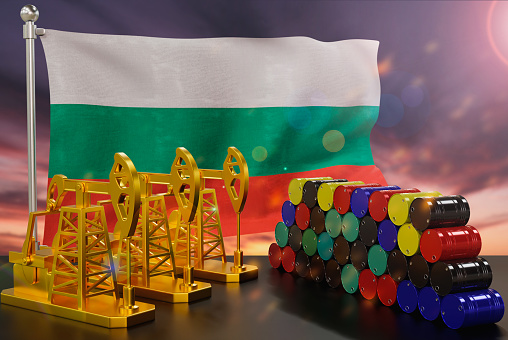 The Bulgaria's petroleum market. Oil pump made of gold and barrels of metal. The concept of oil production, storage and value. Bulgaria flag in background.  3d Rendering.