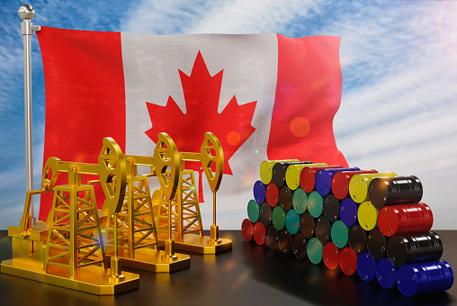 The Canada's petroleum market. Oil pump made of gold and barrels of metal. The concept of oil production, storage and value. Canada flag in background.  3d Rendering.