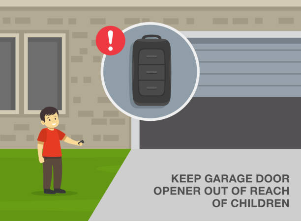 Garage door safety tips and rules. Keep door opener out of reach of children. Male kid holds remote controller and opens the garage. Garage door safety tips and rules. Keep door opener out of reach of children. Male kid holds remote controller and opens the garage. Flat vector illustration template. roll a door stock illustrations