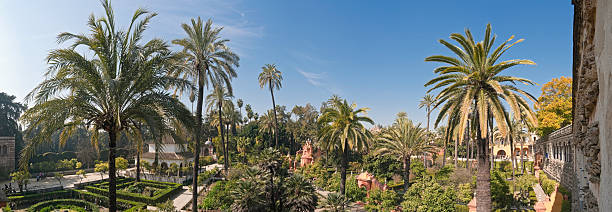 Panoramic view across the palm trees and terraces, pavilions and fountains of the peaceful gardens of the Real Alc