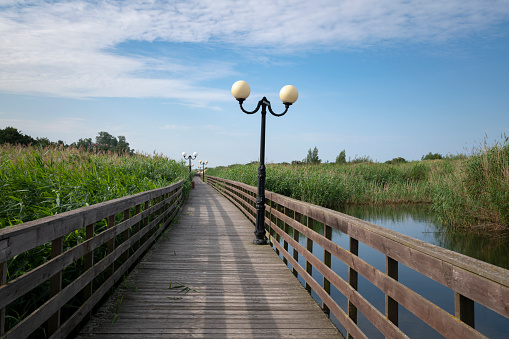 View of the promenade in the village of Yantarny along the Baltic Sea line on a sunny summer day, Kaliningrad region, Russia