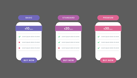 Collection of pricing table template design with three table. Pricing table infographic