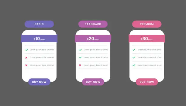 Vector illustration of Collection of pricing table template design with three table. Pricing table infographic