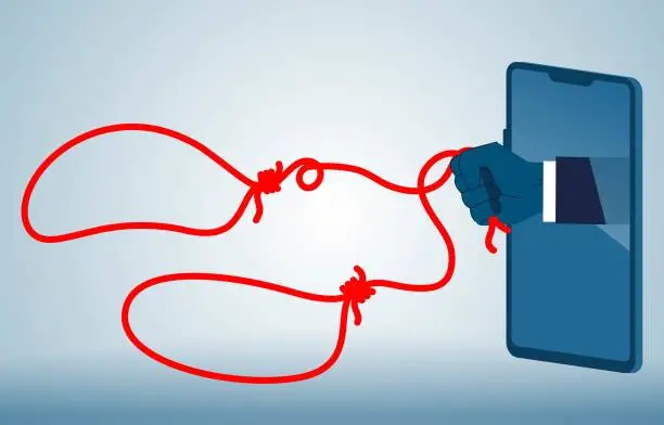 Vector illustration of Internet traps, online loans or scams, network marketing, smartphones inside the hand holding a rope trap to lure victims