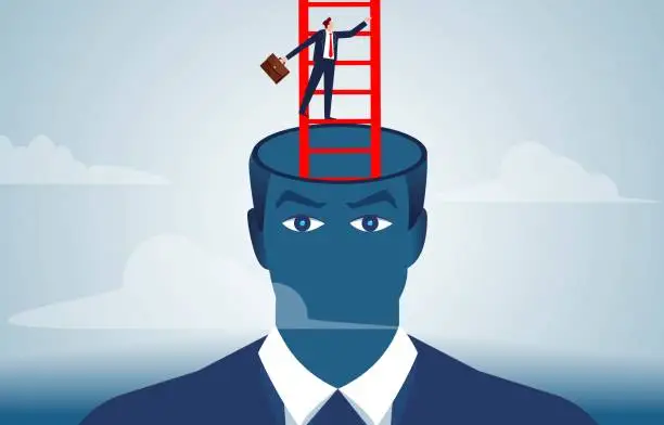 Vector illustration of Escape from the forbidden zone of thinking, get new ideas or creativity, find a way out or a solution, businessmen climbing ladders out from inside the giant's brain