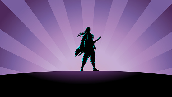 An anime style vector illustration of a samurai in silhouette standing with sunburst effect in the background. Wide space available for your copy.