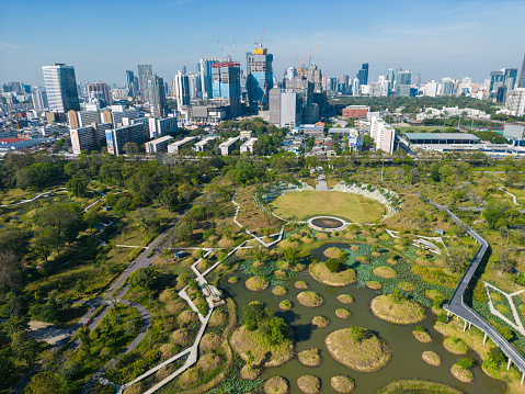 Benjakitti Forest public Park new landmark of central Bangkok with office building aerial view in Bangkok, Thailand.