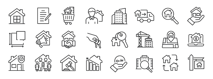 Real estate thin line icons. Editable stroke. For website marketing design, logo, app, template, ui, etc. Vector illustration.