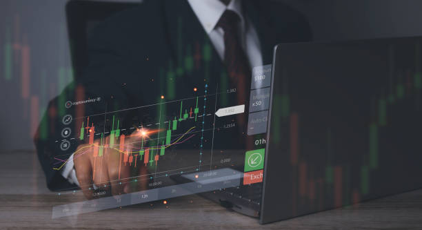 istock Stock market graph with man working stock trading computer screen background. 1489603292