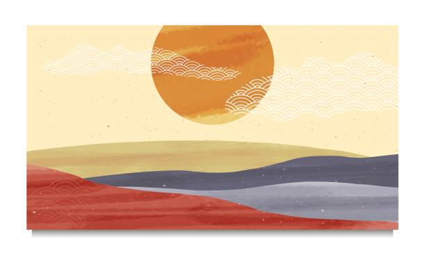 istock Mid century modern minimalist art print. Abstract contemporary aesthetic backgrounds landscapes set with Sun, Moon, sea, mountains 1489610034
