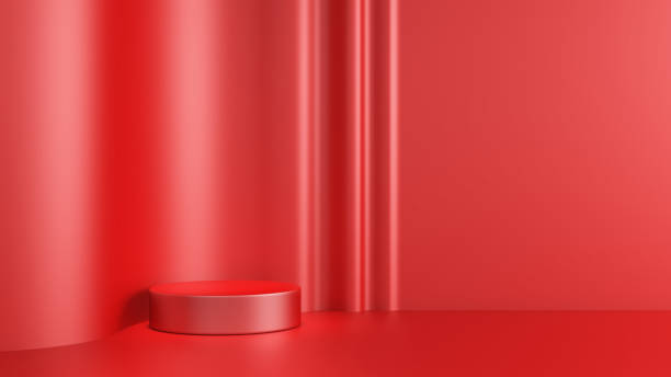 istock Red circle podium and curved wall reflection glossy premium hi-end. Display stand luxury elegant counter brand advertising fashion model, cosmetic, beauty product or skincare. 3D Illustration. 1489611409