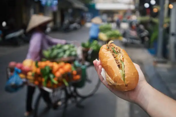 Street food in Hanoi. Hand holding Banh Mi sandwich. Close-up of traditional Vietnamese baguette filled with pate, meat and vegetables.