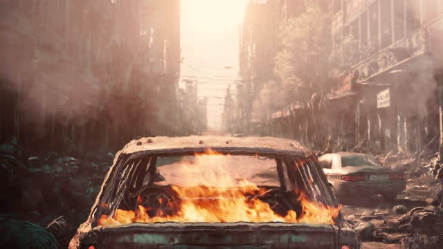 In this video, we see a damaged car that is on fire and surrounded by smoke and debris. War concept.