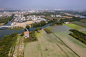 Aerial view of farmland and river