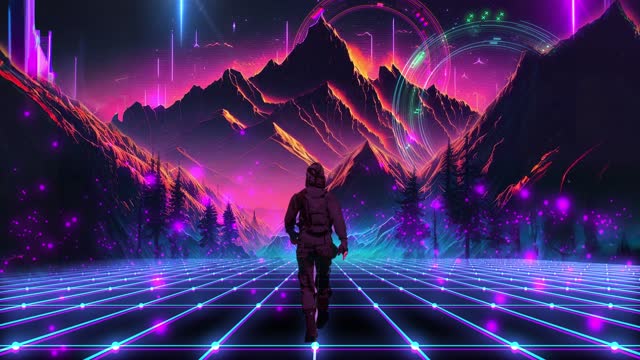 The video opens with a back view of a mysterious man in black clothes walking in a retro scene with glowing neon colours