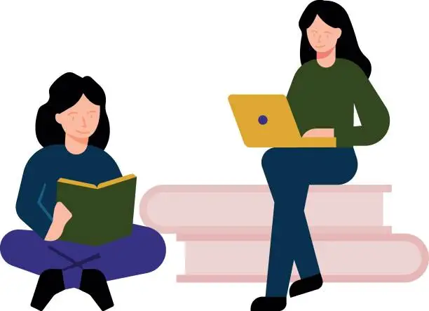 Vector illustration of The girls are studying.