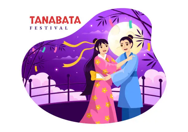 Vector illustration of Tanabata Festival Vector Illustration with People Wearing Kimono and Peonies Flowers in National Holiday Flat Cartoon Hand Drawn Templates