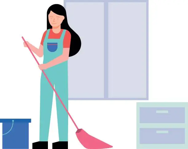 Vector illustration of A sweeper is cleaning the floor.